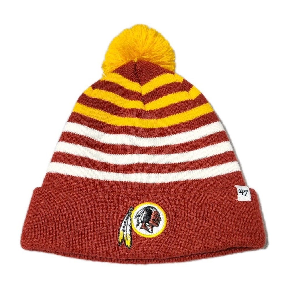 47 Brand Washington Redskins NFL Youth Beanie Hat Burgundy Gold Striped Pom Pom